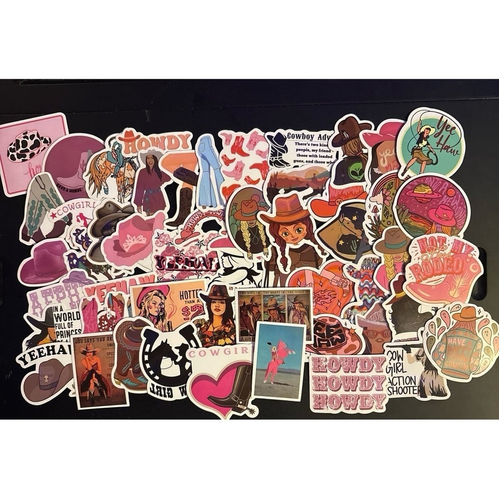 NEW 52pc Full Color Vinyl Pink Preppy Cowgirl Theme Stickers